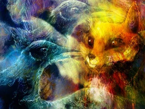 The phoenix bird and fox collage Stock Illustration