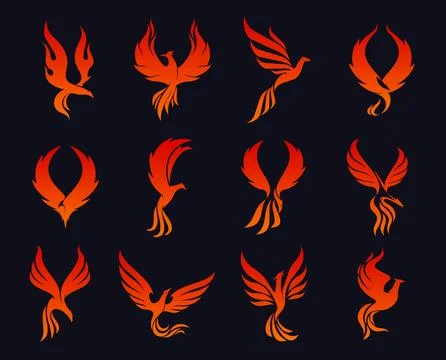 Phoenix bird icons, eagle fire flying in flames Stock Illustration