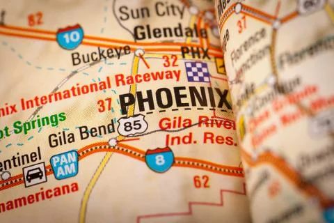 Phoenix city on a road map Stock Photos