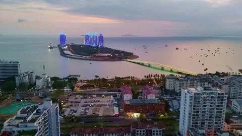 Phoenix Island illuminated night view aerial panorama in Sanya City 스톡 동영상 346093574