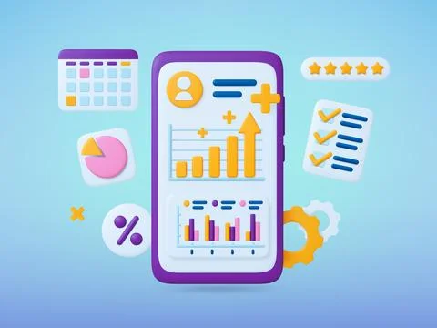 Phone 3d data analytics. Statistical graphs on smartphone screen, classification Illustrazione stock