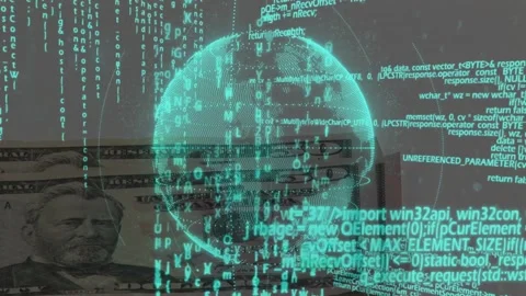 Phone activating teal globe rotating clockwise while code streaming, revealing Stock Footage 329454691