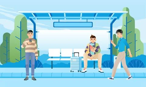 Phone addicted commuters at bus stops Diverse group of people checking phones Illustrazione stock