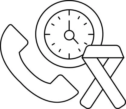 A phone and a clock are shown in a black and white drawing Stock Illustration