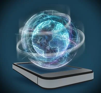 Phone and Digital Globe surrounded by a virtual data network Illustrazione stock