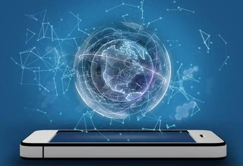 Phone and Digital Globe surrounded by a virtual data network 스톡 일러스트