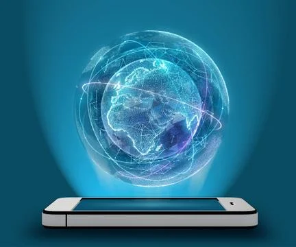 Phone and Digital Globe surrounded by a virtual data network Illustrazione stock