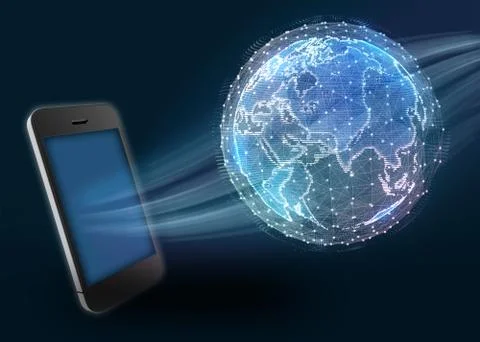 Phone and digital world map of the global telecommunications network Illustrazione stock