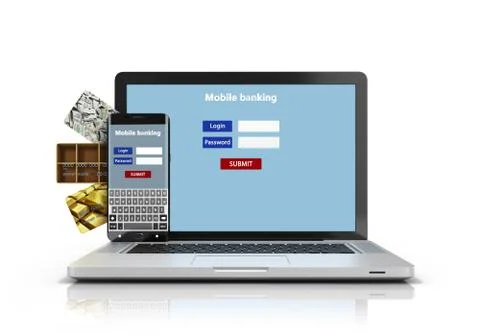 Phone and a laptop with the authentication screen, and credit cards isolated  Illustrazione stock