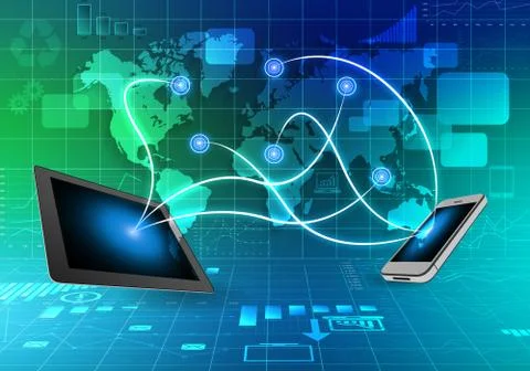 Phone and tablet on side world map abstract background Illustrazione stock
