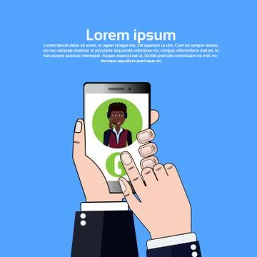 Phone application hand hold gudget african call center headset agent woman Stock Illustration