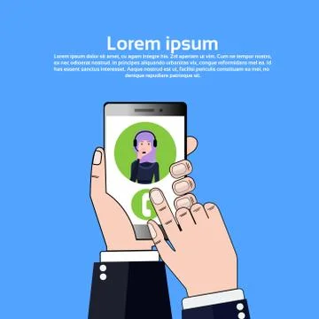 Phone application hand hold gudget arab call center headset agent woman bubble Illustrazione stock