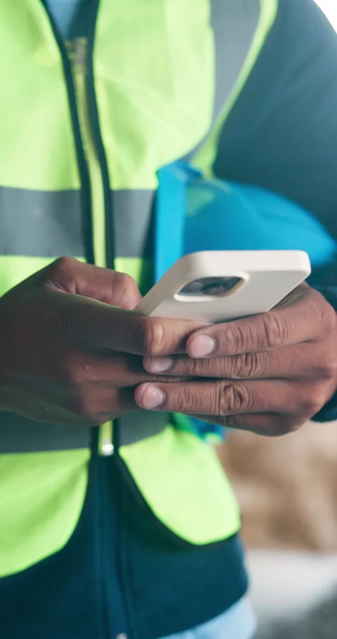 Phone, architect and hands of man on construction site for project, renovation Stock Footage 340978518