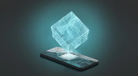 Phone artificial intelligence gift box neural chip mockup, dark background Stock Illustration