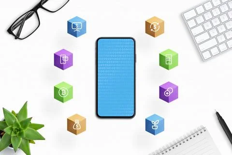 Phone with binary code surrounded by blockchain blocks and finance icons Stock Photos