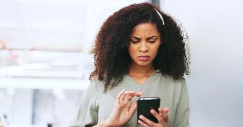Phone, black woman and frustrated frown of a person on digital communication Stock Photos