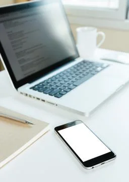 Phone blank screen on workspace table Stock Photos