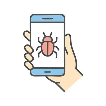 Phone bug icon. Hand holding a smartphone with a bug icon on the screen, sy.. Stock Illustration