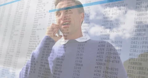 On phone, businessman with data and error codes overlaying sky background Stock Footage 305836715