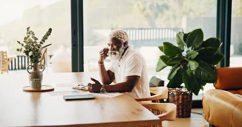 Phone call, advice and notebook with old man in home for banking update, ac.. Stock Photos