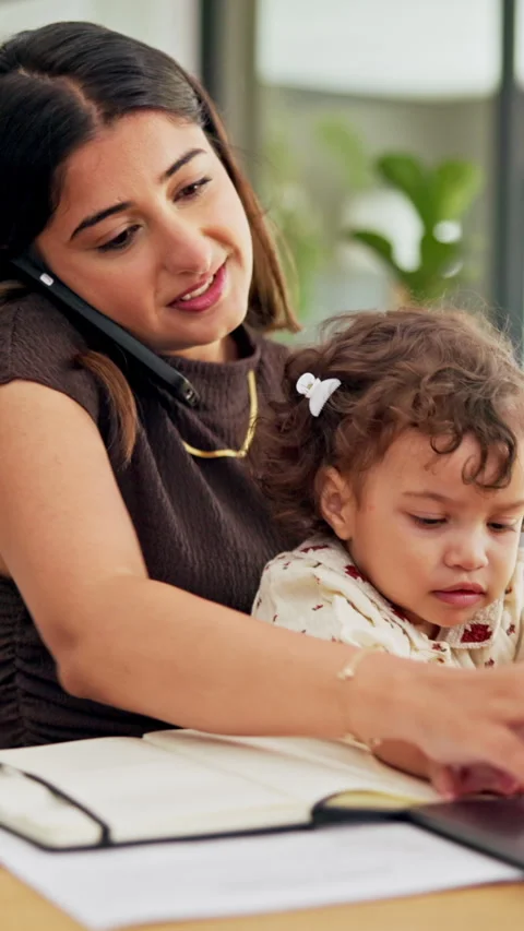 Phone call, baby and multitask with woman in home as freelancer, copywriter and Stock Footage 335313412