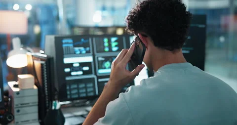 Phone call, back and coding with person and computer for software developer Stock Footage 309070698