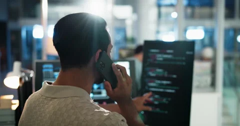 Phone call, back and programmer with person and computer for software developer Stock Footage 309043818