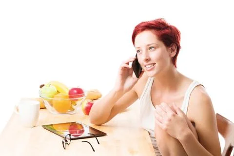 Phone call at breakfast Foto stock