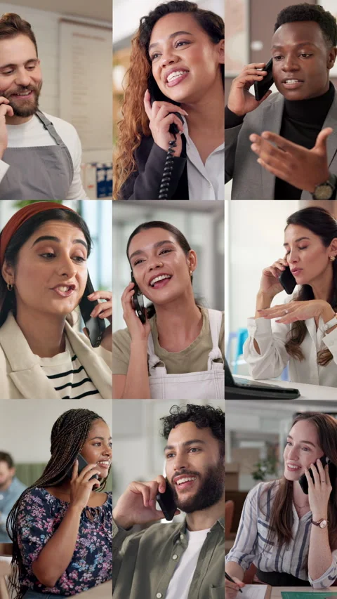 Phone call, collage and people with diversity, conversation and contact us with Stock Footage 312087712