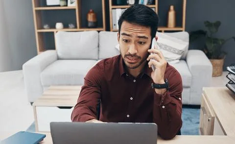 Phone call communication, laptop problem and man talking to tech contact for 写真素材