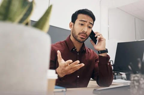 Phone call communication, problem or man talking to tech contact about company 스톡 사진