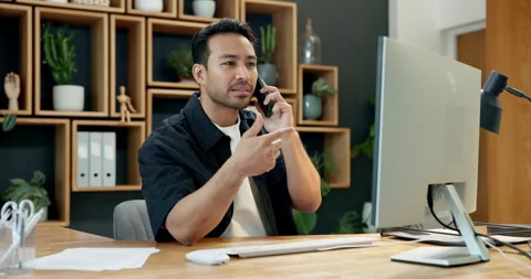Phone call, computer and businessman in office with communication, contact or Video stock 342333302