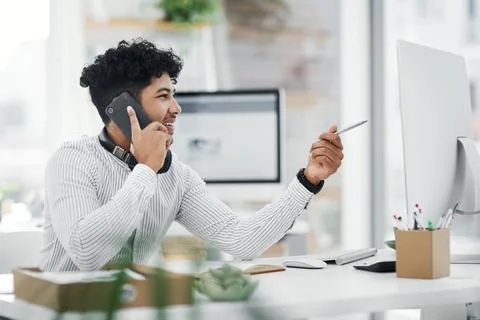 Phone call, computer and reading with business man in office for contact, m.. Stock Photos