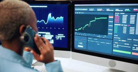 Phone call, computer screen and black woman in office with finance data Stock Footage 336309814