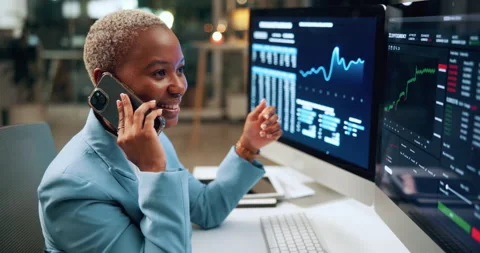 Phone call, computer screen and businesswoman in office with statistics, finance Stock Footage 336320816