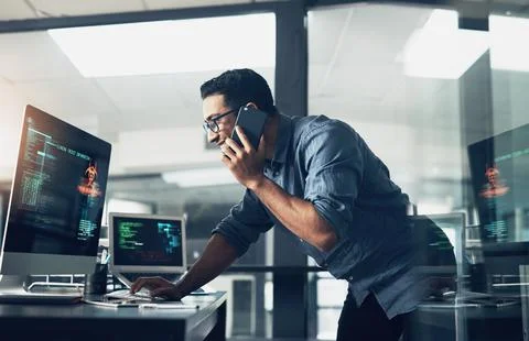 Phone call, computer screen and businessman in office with feedback on coding 写真素材