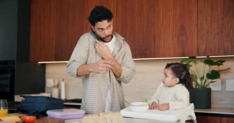 Phone call, dad and kid in home for getting ready, busy and morning routine with Stock Footage 335108199