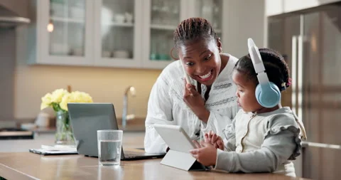 Phone call, elearning and tablet with mother and black child in home for Stock Footage 341664305