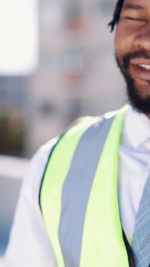 Phone call, engineer and happy with black man in city for construction manager Stock Footage 333307973