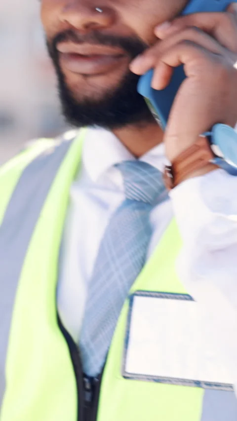Phone call, engineer and smile with black man in city for construction manager Stock Footage 333315289