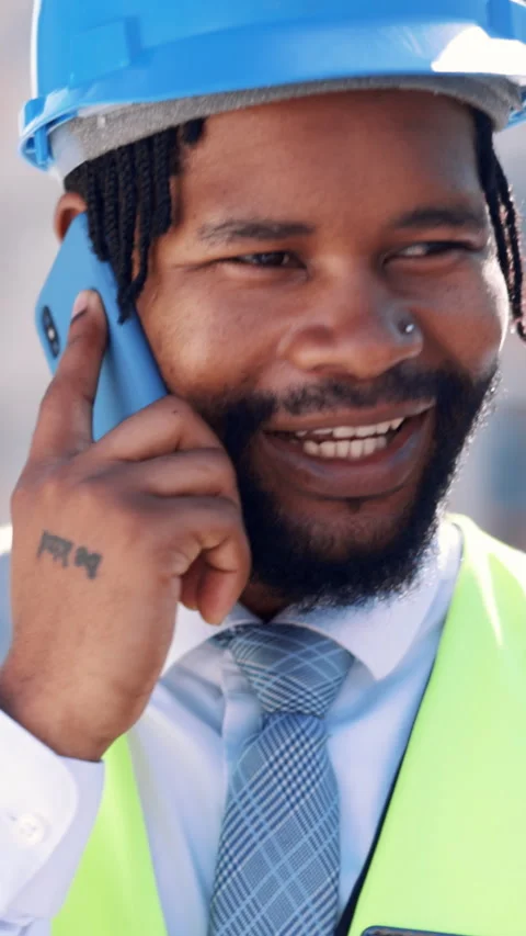 Phone call, engineer and talk with black man in city for construction manager Stock Footage 333335834