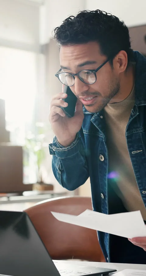 Phone call, frustrated or man with paperwork for logistics error, shout or Stock Footage 332047012