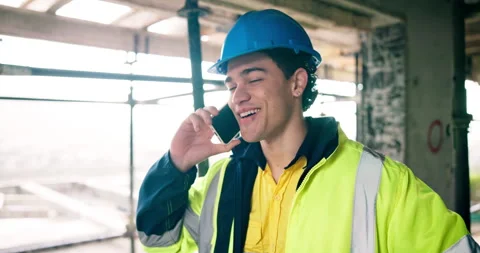 Phone call, happy man and engineer at construction site, talk or protocol for Stock Footage 337015553