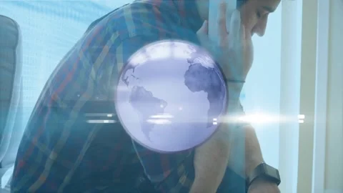 Phone call initiating tech 3D globe and code for dev call while man holding Stock Footage 331062742