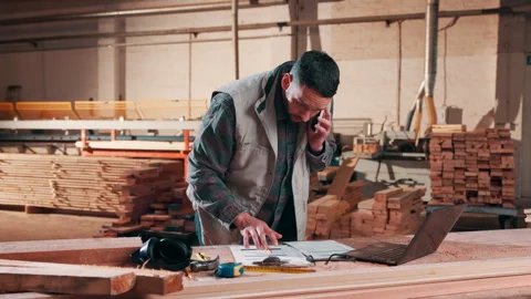 Phone call, laptop and carpenter with document in warehouse for timber order, Stock Footage 338045908