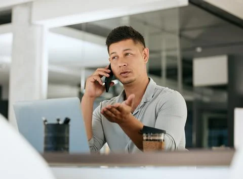 Phone call, laptop and explain with a business man talking or negotiating a deal Stock Photos