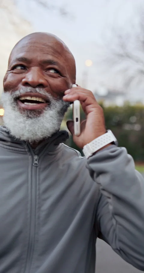 Phone call, laugh and black man with walk for exercise, outdoor fitness or Stock Footage 340968779
