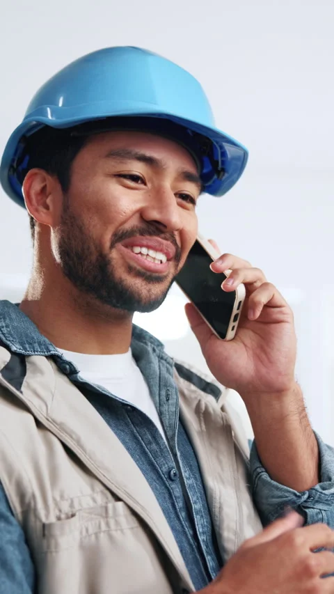 Phone call, laugh and construction worker on site with communication Stock Footage 342321653