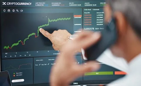 Phone call, man and computer screen for cryptocurrency, stock market and finance Stock Photos