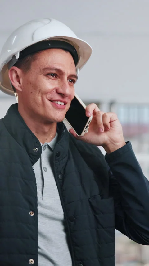 Phone call, man and construction worker on site with communication, negotiation Stock Footage 342320358
